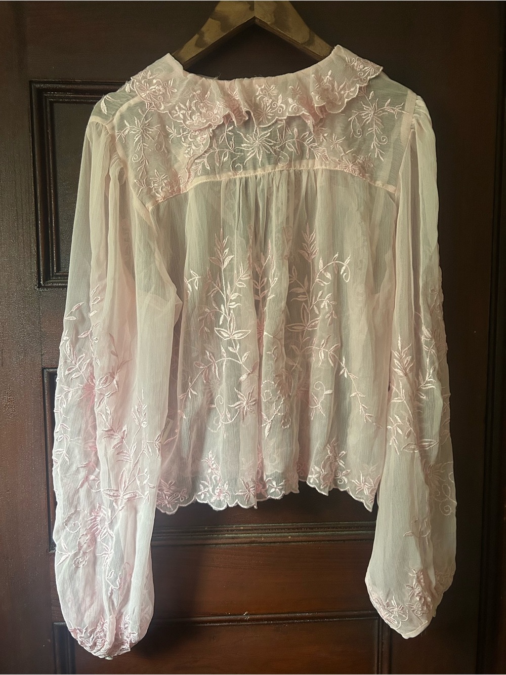 Free People Dreamer Girl Embroidered Blouse Sheer Lace Boho Flowy Baby Pink - Picture 6 of 8